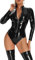 FEOYA Damen PU Leder Stehkragen Bodysuit 1PC Babydoll Dessous Sexy Langarm Overall Jumpsuit eng Bodies Dance Clubwear B1 S=Etikett Nr.L