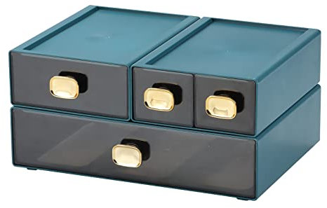 OSteed Office Desk Organiser Drawers, Stackable Desktop Storage Drawer, Plastic A4 Drawer Organiser, Stationery Storage Unit, Letter Box, Countertop Tabletop Toiletry Storage Drawers, 4 Mixed Blue