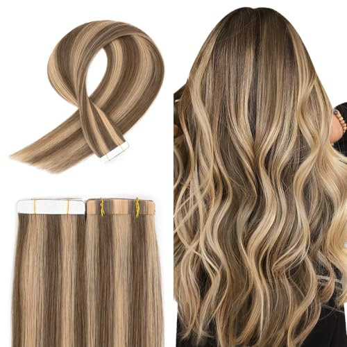 TESS Tape Extensions Echthaar 40 cm, Braun Balayage Tape Klebeband Haarverlängerung 20 pcs Glatt Karamell Balayage Remy Tape in Hair Extensions für Haarverdichtung (20pcs-30g)