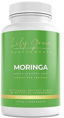 Lily Green Organic Moringa Capsules | 1500mg per Serving Amino Acid Supplements | Rich in Vitamins, Calcium, Iron, Potassium & Antioxidants | No Artificial Additives | 90 Vegan Capsules | Made in UK