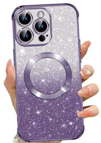 Phoona für iPhone 14 Pro Hülle, Glitzer Hülle Kompatibel mit MagSafe, Keine Vergilbung, Kratzfeste, Ganzkörperschutz Magnetisch Handyhülle für iPhone 14 Pro, Mit 2 Schutzfolie, Lila