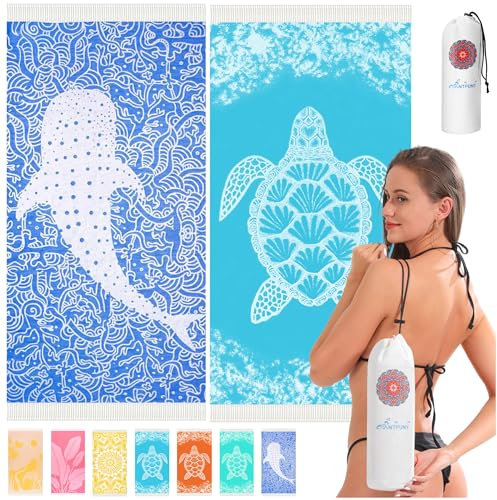 Lot de 2 serviettes de plage turques à séchage rapide, anti-sable, douces, absorbantes, pour adulte, piscine, natation, longues et larges rayures, en lin chamois anti-sable, pour l'été, bleu