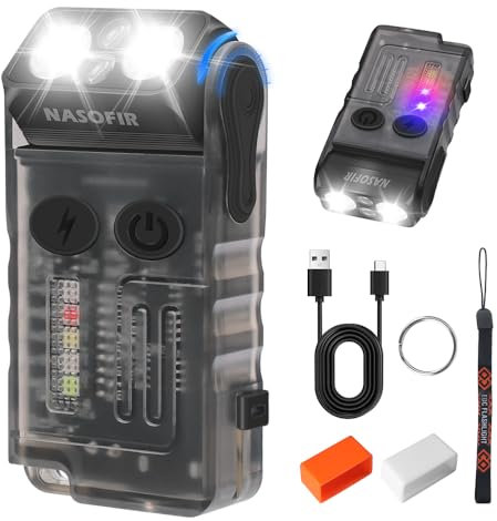 NASOFIR V20 Small Powerful EDC Flashlight, High Lumens 1000 LM USB C Rechargeable Mini LED Keychain Pocket LED Flash Light with Clip, COB Side Light, Magnetic Base & Beeping Alarm - 14 Modes, IP67