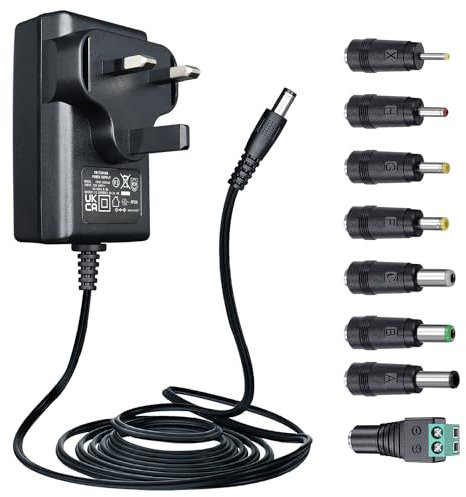 12V 2A 1.8M/6ft Power Adapter with 8 Interchangeable Tips, AC to DC 12V 2000mA 24W Regulated Power Supply Cord for LED Strip Lights BT Speaker Router Monitor CCTV Camera and More, UKCA Listed