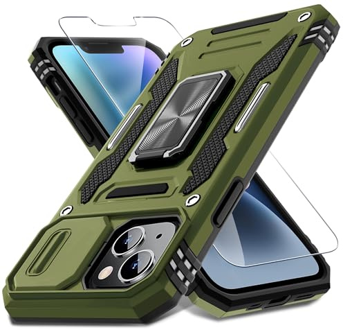 DEERLAMN Case for iPhone 14 Plus with Slide Camera Cover+Screen Protector(1 Pack), Rotated Ring Kickstand Military Grade Shockproof Protective Cover 6.7 Inch-Olive Green