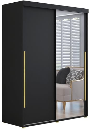 Meble Slupia - Garderobenschrank - Kleiderschrank mit Spiegel und Schiebetüren - 180x202x62cm - Kleider Schrank Schlafzimmer mit Kleiderstange - IGA 01 Schwarz, Griff Gold