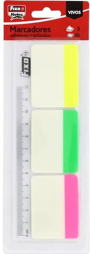 Fixo Notes, 30 Marcadores Adhesivos Colores Flúor con Regla 12cm, PET Tráslucido, Tamaño 38x50mm, Puedes Escribir con Lápiz y Boli, Resistentes al Agua, Perfecto Material Escolar