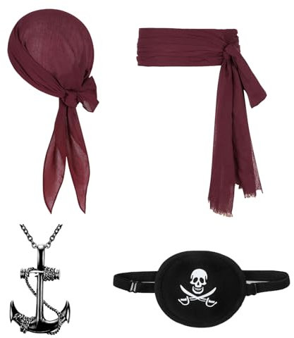 FUIPVGI 4 Stück Piratenkostüm Piraten-Bandana und Schärpengürtel, Ankerkette mit Augenklappe,Vintage Piraten Accessoires,Mittelalter Piratenkostüm Zubehör Set für Halloween Deko Piratenparty(Weinrot)