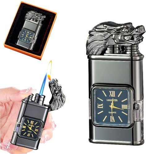 Vmxlso Feuerzeug Mit Uhr, Gas Nachfüllbar, Winddichtes Jet-Feuerzeug, Drachen-Design, Vintage-Stil, Jetflamme - Geschenk Für Männer