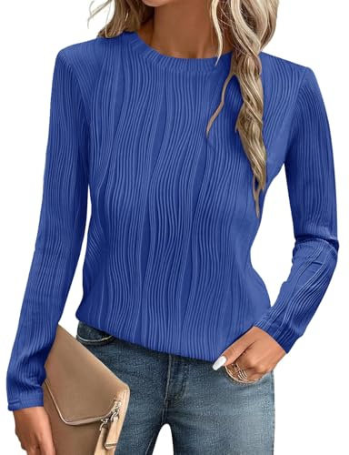 Gemulate Women's Fashion Fall Winter Tops Long Sleeve Business Casual Tops for Women Crewneck Knitted Tops Solid Loose Textured Clothes Outfits Sky Blue S