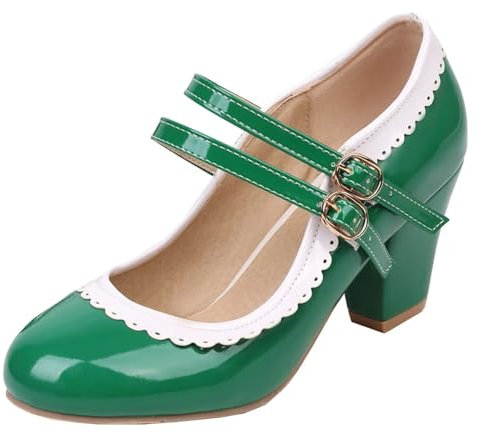 HSyc JRX Damen Lack Mary Jane Blockabsatz High Heels Pumps mit Spitze Elegant Schuhe 40