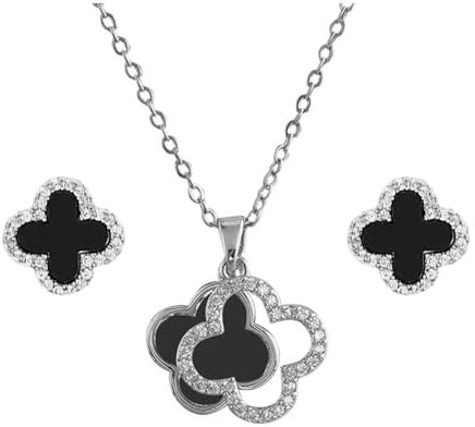 Hanaoops Vierblättriges Kleeblatt Schmuckset für Damen und Mädchen Titan Edelstahl Schwarz Glücksklee Anhänger Halskette und Ohrringe Set Hypoallergen Zierliche Schmuck Set Geschenke (Silber)