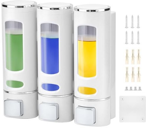 QWORK® Wall mounted 3 chamber shower soap dispenser, no drill, large capacity shower dispenser for bathroom, white