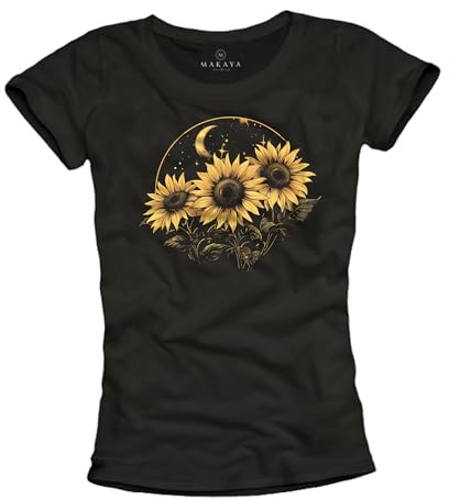 MAKAYA Damen T-Shirt mit Sonnenblumen Motiv Sunflower Blumenprint