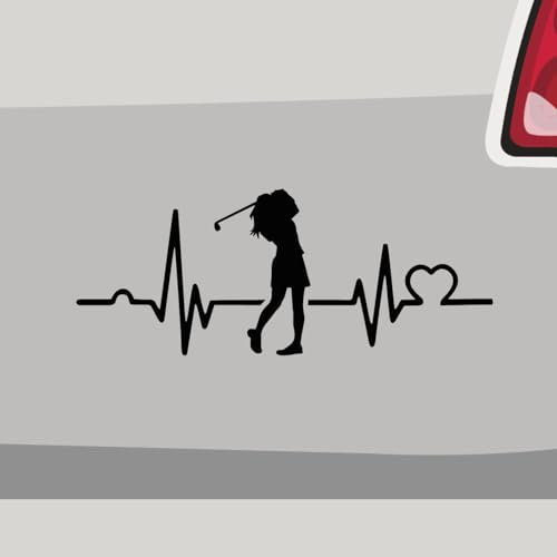 Aufkleber - Golferin Herzschlag golfen - Sticker, Folienaukleber für Auto, Motorrad, Fahrrad, Laptop, LKW (14x5,5cm | Schwarz)