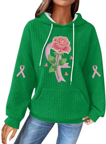 2024 Women's Casual Xmas Hooded Sweatshirt Women's Breast Cancer Ribbon Rose Embroidery Print Casual Crew Neck Long Sleeve Sweatshirt Elastic Spring Fall & Winter Xmas Jumpers For Women Uk (Green, S)