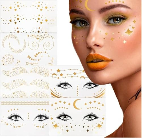MEXRUMI 6 Pièces Feuilles Métal Tatouages Temporaires Tatouages Métalliques Imperméables Tatouage Visage Maquillage Flash D'Or Faux Autocollants Tatouage Scintillants Adaptés Aux Adultes Ou Aux