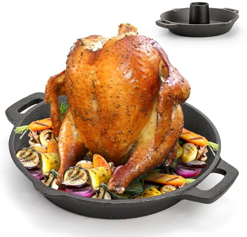 Acshio Cast Iron Chicken Roaster, Beer Can Chicken Holder Turkey Fryer with Roasting Pan, Poultry Roaster Stand Barbecue Grilling Accessories Rack for Most Grills and Oven Thanksgiving