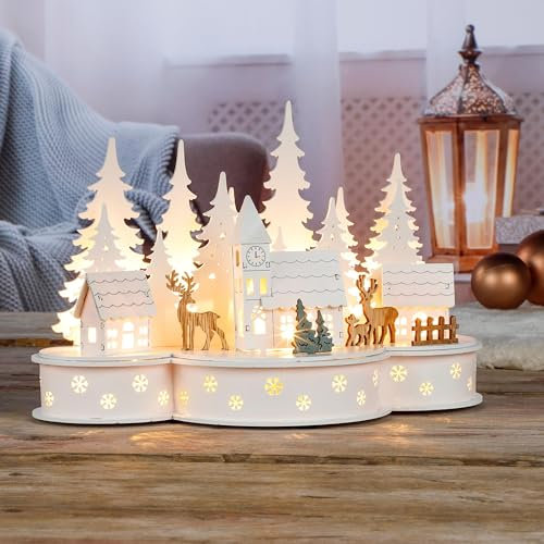 3D Weihnachtsstadt aus Holz mit LED-Beleuchtung – Weihnachtsdorf mit 10 warmweißen LEDs batteriebetrieben - Perfekt als Weihnachtsdeko innen, Tischdeko & Fensterdeko