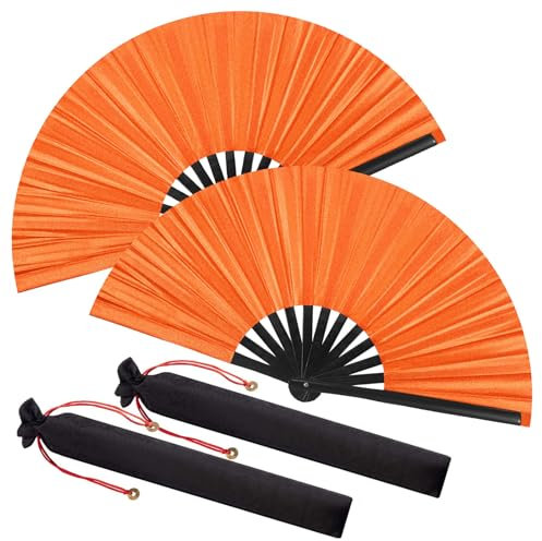 Maitys Large Clap Fans for Line Dancing Large Chinese Folding Hand Fans for Men and Women, Festival, Tai Ji, Kungfu, Martial Art, Gifts(Glitter Orange,2 Packs)