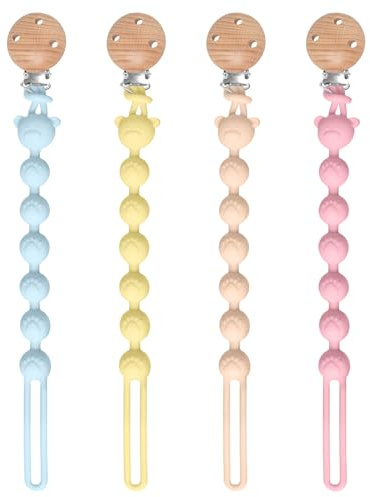 AYSYR 4 Stück Schnullerkette Silikon Geschmeidigkeit,Schnullerband Leicht zu Reinigen,Schnullerketten & Beißring 2-in-1 Design,Schnullerkette Holz Tragbarkeit,Zahnungshilfe Mädchen Junge