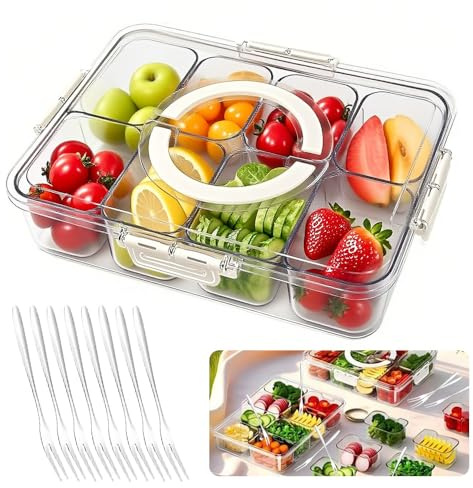 TOPRUNYI Snackbox mit Fächern,Picknick Box mit 8 Fächern,Tragbar Snackschale mit Deckel und Griff,für Gemüse Nüsse Obst Picknicks Familientreffen,Unzerbrechliches Geschirr Set