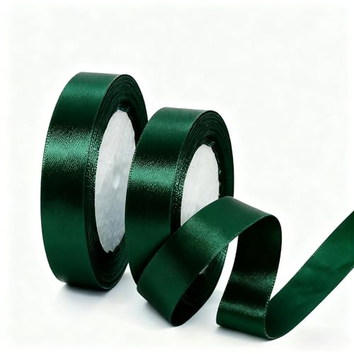2 Rolls 20mm Dark Green Satin Ribbon for Gift Wrapping, 22m Thin Fabric Craft Ribbon for Balloons,Crafting,Hair,Bouquets,Wedding, Car,Presents,Cake,Christmas Party Decorations