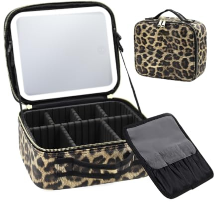 Byuzzy Professional Makeup Case with LED Mirror Light - Travel Cosmetic Make up Bag with Mirror| Large Capacity | Waterproof | Makeup Organizer in 4 Colors (Leopard)