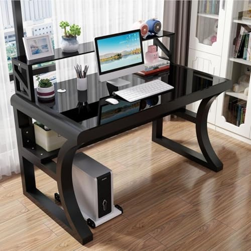 RiouPsithuric Großer Computertisch aus gehärtetem Glas mit Metallrahmen, moderner Büro- und Gaming-Tisch, Aufbewahrungsregale, Schreib- und Arbeitsschreibtisch für Heimbüro-Arbeitsplatz (80 cm)