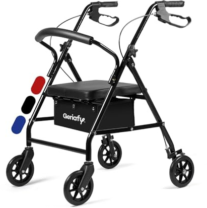 Geriafy Deambulatore per anziani pieghevole con seduta, Lambda Nero | 4 ruote da 15 cm, seduta imbottita, cestino, altezza regolabile e freni a leva