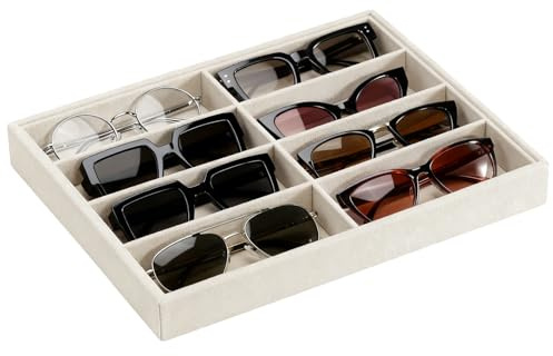 HIVTE Glasögonförvaring med Sammetsbricka - Glasögonbox med 8 Fack för Låda eller Display - 33,8 x 24,4 x 3,8 cm (Off-white)