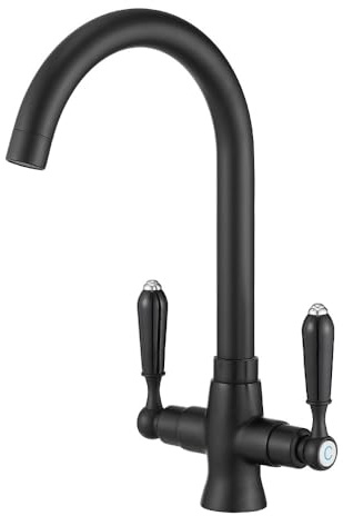 Heable Black Kitchen Sink Mixer Tap with Ceramic Dual Lever Monobloc Kitchen Taps 1 Hole Elegant Swivel Mono Traditional Sink Faucet with Flexible Hoses