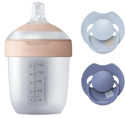 Difrax LOVI Coffret Naissance– Biberon 150 ml + Sucette Dynamique 0 à 6 Mois – Baby-blue/Blue – Allaitement & Biberon – Anti-Colique – Cadeau Bébé – Fabriqué en Europe