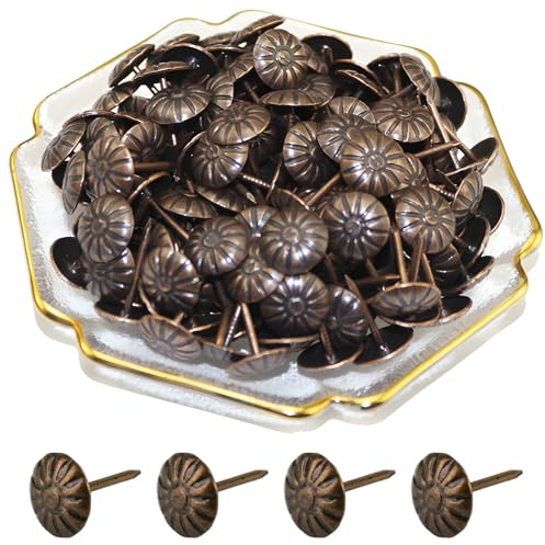 Stabili chiodi per tappezzeria vintage contro la piegatura, 100 chiodi decorativi in bronzo rosso, design a margherita, resistenti per tappezzeria, divano, poltrona, chiodi decorativi, look anticato