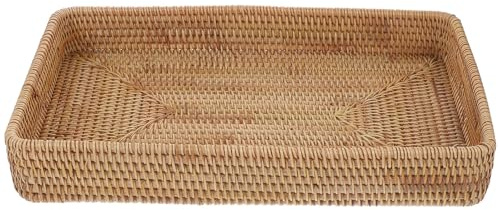 Bandeja Rectangular Grande de Ratán Tejido, Estilo Bohemio | Bandejas Decorativas, Madera y Ratán, para Cocina y Mesas de Centro, Resistente para Servir y Guardar