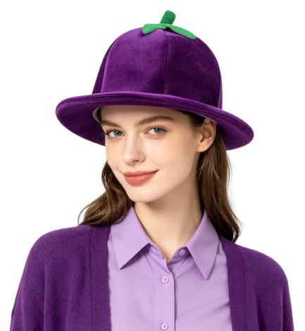 FakeFace Watermelon Hat Novelty Fruit Shaped Bucket Hat Funny Plush Cap Party Headwear Photo Prop for Cosplay Halloween Carnival Costumes (Aubergine)