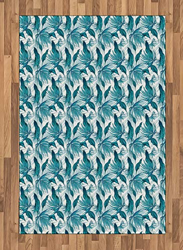 ABAKUHAUS Weinlese-Grün Teppich, Tropische Palmblätter, Deko-Teppich Digitaldruck, Färben mit langfristigen Halt, 120 x 180 cm, Petrol Blau Aqua und Dunkel Teal