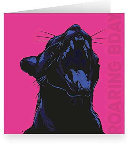 1 Coole pinke quadratische Popart Geburtstagskarte (quadratisch, 15,5x15,5cm inkl Umschlag) mit Panther: Roaring Bday - große XL Karte zum Geburtstag für Freunde, Kollegen & Mitarbeiter