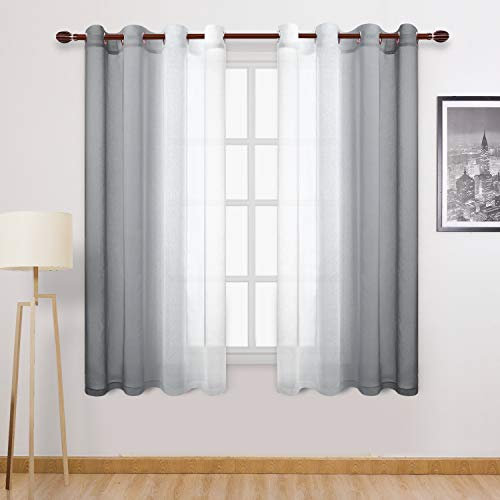 DWCN Graue Ombre transparente Vorhänge – Kunstleinen Farbverlauf Ösenschal Halbvoile Schlafzimmer und Wohnzimmer Vorhänge, Set von Fenstervorhang, 132 x 183 cm Länge