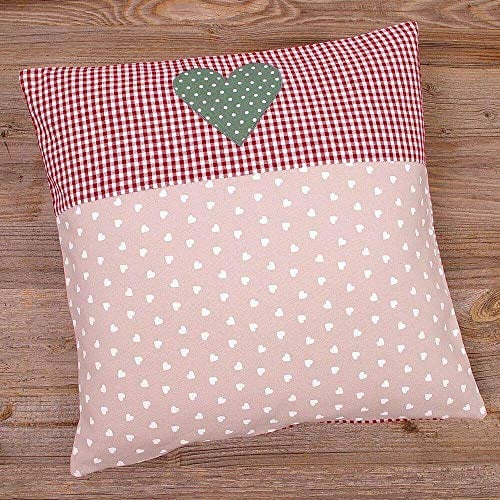 Kissen-Bezug in 40x40 cm für Deko-Kissen Sofa-Kissen - Baumwolle Kissen-Hülle VRONI im Landhaus-Stil Herzen rosa rot kariert - Waschbarer Reißverschluss Zierkissen-Bezug für Couchkissen