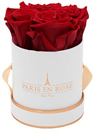 PARIS EN ROSE Rosenbox | mit 4 bordeaux-roten Infinity Rosen Größe XL | konservierte ewige Rose | runde Weiß-Rosegold Box | 3 Jahre haltbar