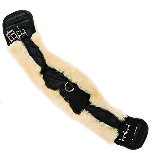 Merauno® Lammwolle Mondgurt mit abnehmbarem Lammfellbezug, Kurzgurt Dressurgurt, aus Qualitäts Merino Lammwolle, spezielle anatomisch konkave Form, für bessere Rutschfestigkeit, Natur, Schwarz