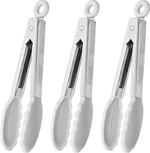 HINMAY 7-Inch Mini Tongs with Silicone Tips Small Salad Tongs Kids Serving Tongs, Set of 3 (White)