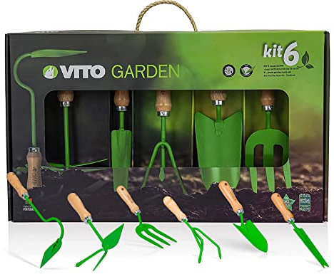 VITO Garden - Gartenwerkzeug Set 6 Teile - Blumenkelle, Unkrautstecher, Handkralle, Blumengabel - für Garten und Balkon - hochwertige Gartengeräte aus Stahl - Handmade in Portugal