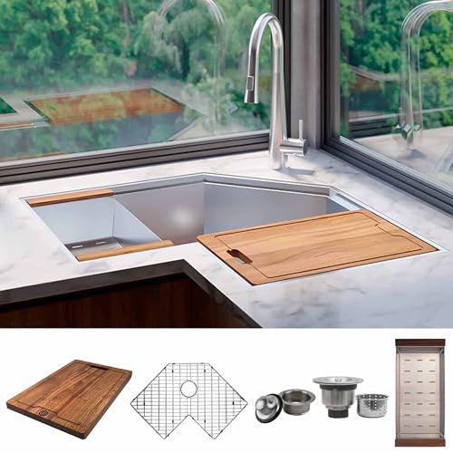 Strictly Sinks - Fregadero esquinero de cocina de 30 pulgadas, montaje inferior, acero inoxidable calibre 16, con forma de mariposa, resistente a arañazos y manchas, fregadero de estación de trabajo