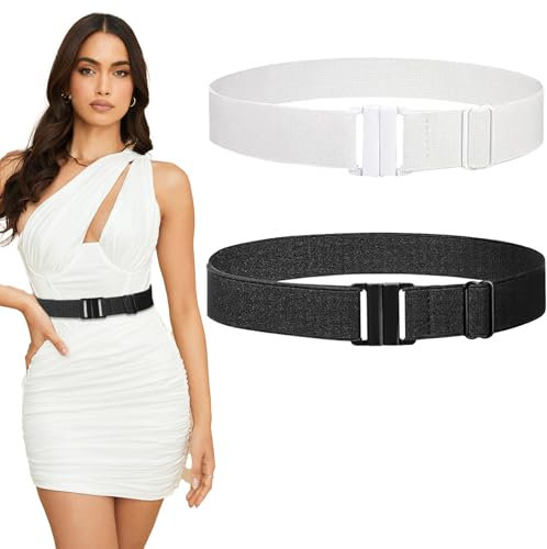 QESSUVNC 2 Stücke Unsichtbarer Gürtel Elastischer Flacher Schnalle Elastischer Damengürtel für Jeans Hosen Kleid Unsichtbarer StretchGürtel Geeignet für Taillenumfang 35 Zoll, Weiß/Schwarz