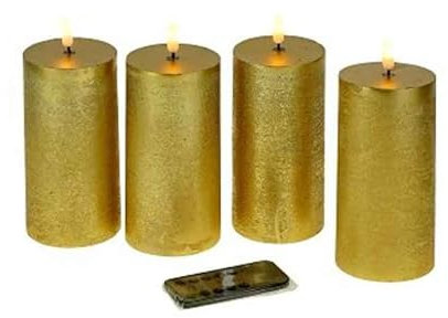 Werner Voss GmbH LED 4 x Kerze Gold Wachs 15 x 7,5 cm 3D Timer + Fernbedienung Stumpenkerze