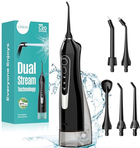 COSLUS Water Dental Flosser Teeth Pick C20: Portable Cordless Oral Irrigator 300ML Rechargeable Travel Irrigation Cleaner IPX7 Waterproof Electric Flossing Machine for Teeth Cleaning
