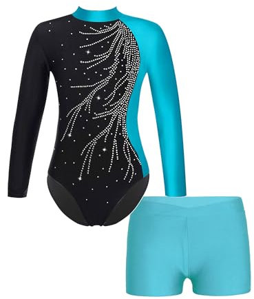 FEESHOW Kinder Gymnastikanzug Mit Hose Langarm Mädchen Glitzer Turntrikot Gymnastik Body Gymnastik Shorts Ballett Athletic Wettkampf Tanzoutfit Türkis 134-140/9-10 Jahre