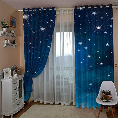 CILODO Verdunkelungsvorhang 3D Blau & Stern Gardinen Wohnzimmer 2er Set Thermo Vorhang Blickdicht ösen Verdunkelungsgardine lichtundurchlässig Fenster für Schlafzimmer Kinderzimmer 2X B110x H215cm